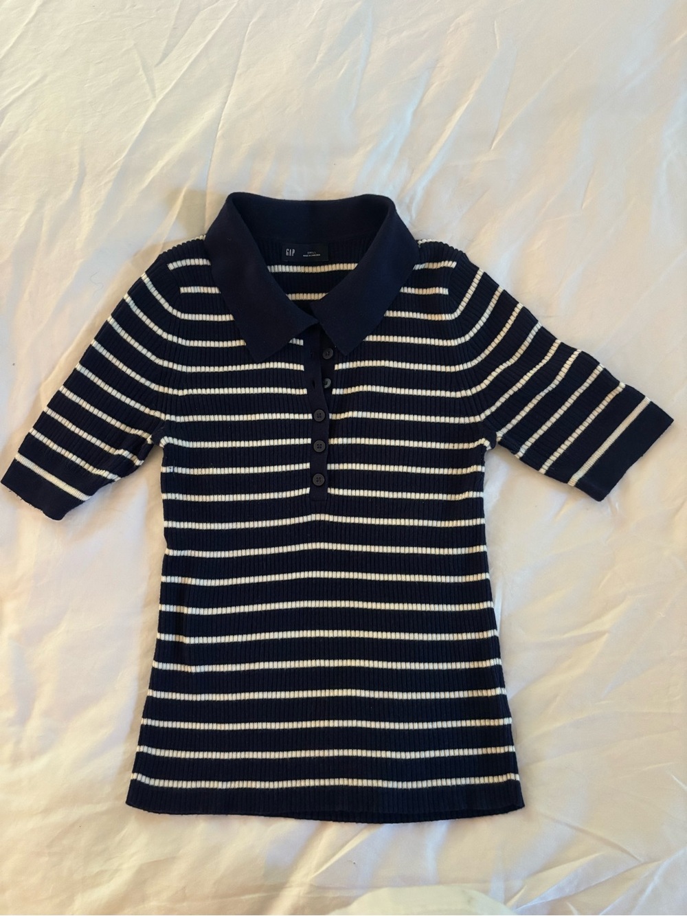 GAP Navy and White Striped Polo Knit Top
